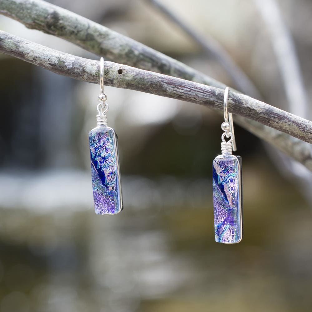 Light rainbow purple dichroic glass earrings. 1 inch drop style Looking Glass Falls Earrings - Lilac