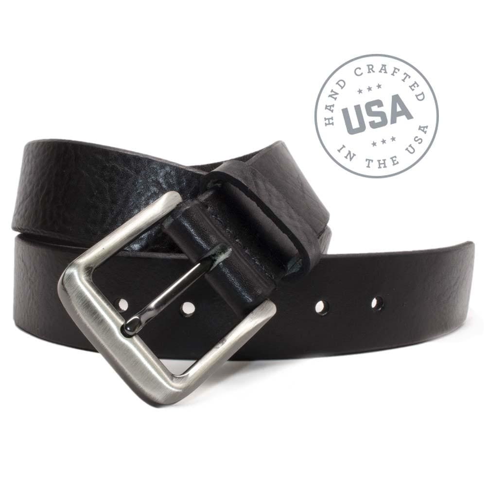 New River Black Belt. Handcrafted in the USA. Zinc alloy buckle is stitched to black leather strap