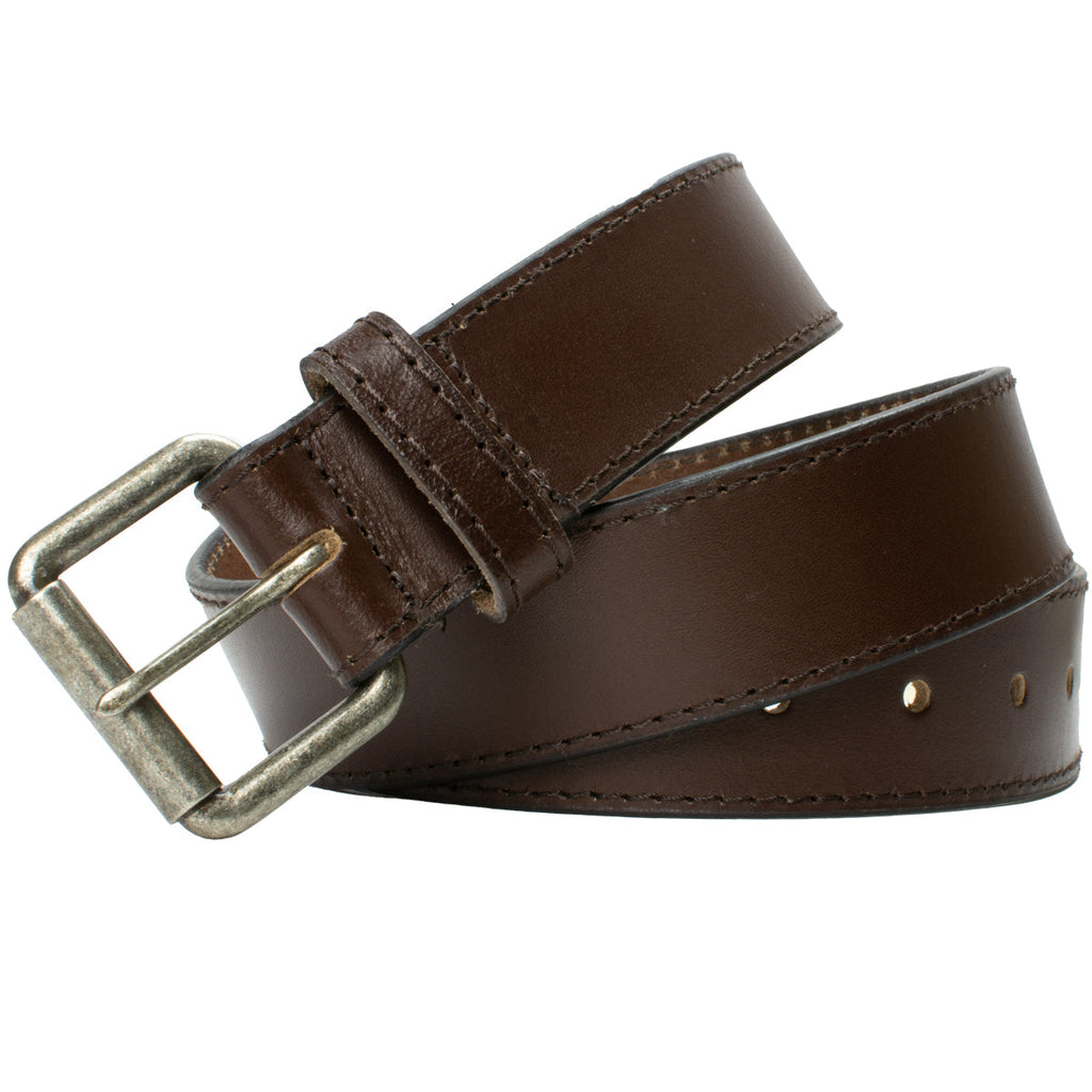 Outback Brown Leather Belt. Silver roller buckle, brown side stitching. Nickel free, hypoallergenic.