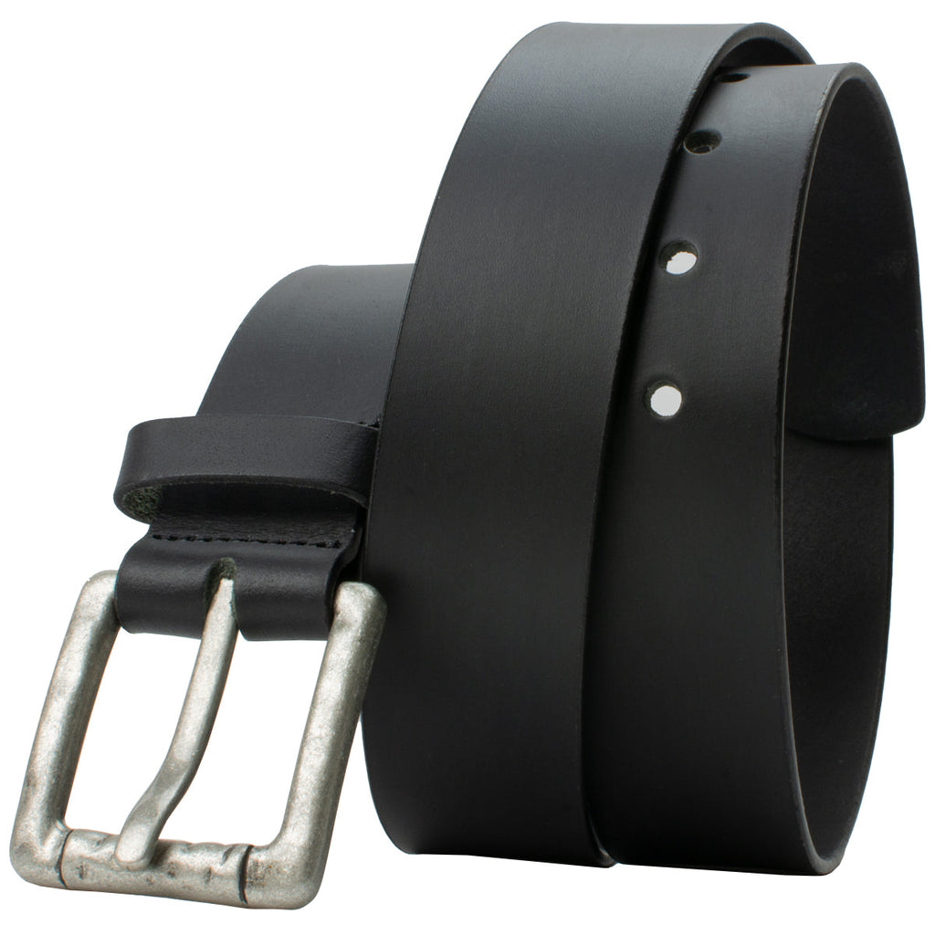 Pathfinder Black Leather Belt by Nickel Zero. Nickel-free silver square buckle, 1.5 inches