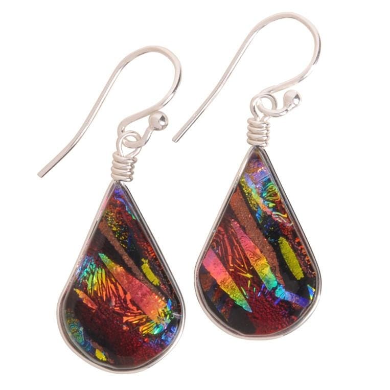 Rainbow Red Dichroic Glass in tear drop shape. 1 inch drop Rainbow Falls Earrings - USA