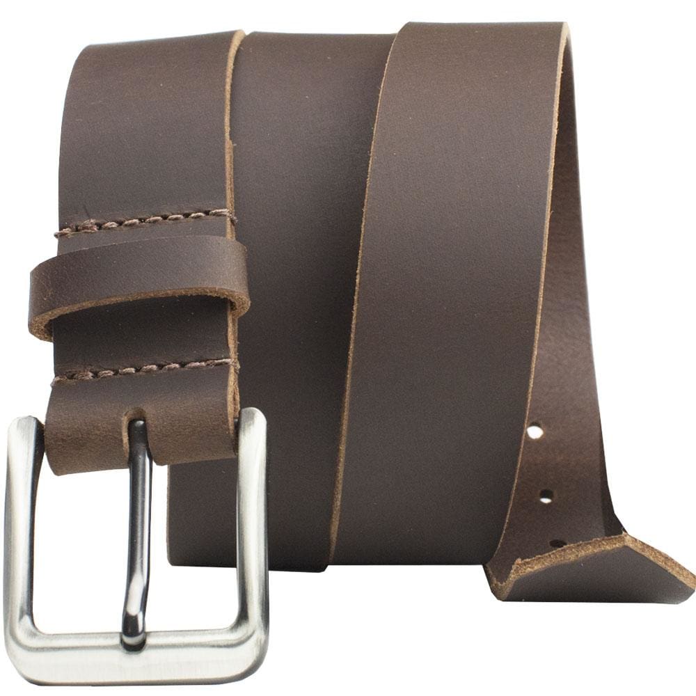 Mike's Favorite Leather Belt Set. Brown leather belt; raw edges. Square silver-tone buckle.