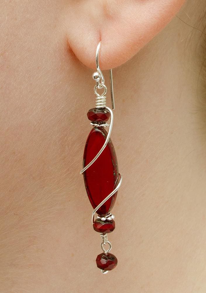Rodanthe Earrings - red glass earrings wrapped with silver and 3 red beads. 2 inches long. USA