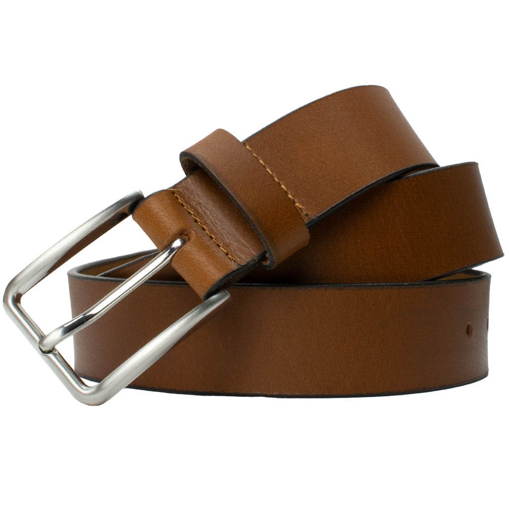 Slick City Brown Leather Belt. Stitched on silver rectangular buckle, single pin and rounded corners