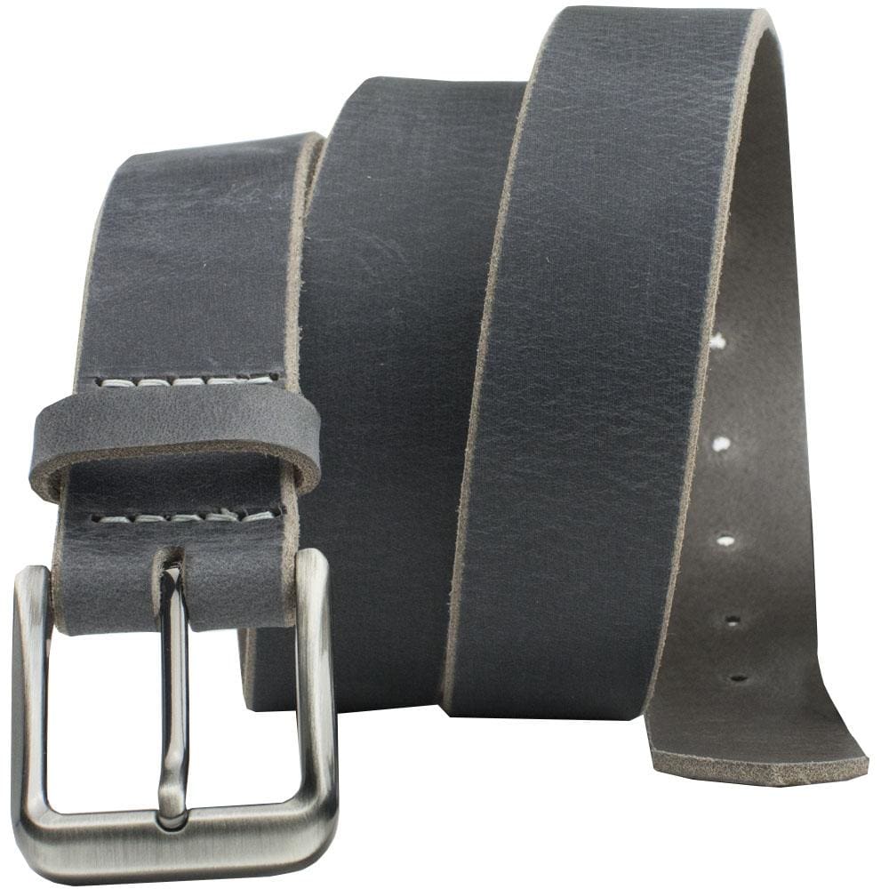Smoky Mountain Distressed Leather Belt. 1.5 inch distressed gray strap with raw edge, silvery buckle