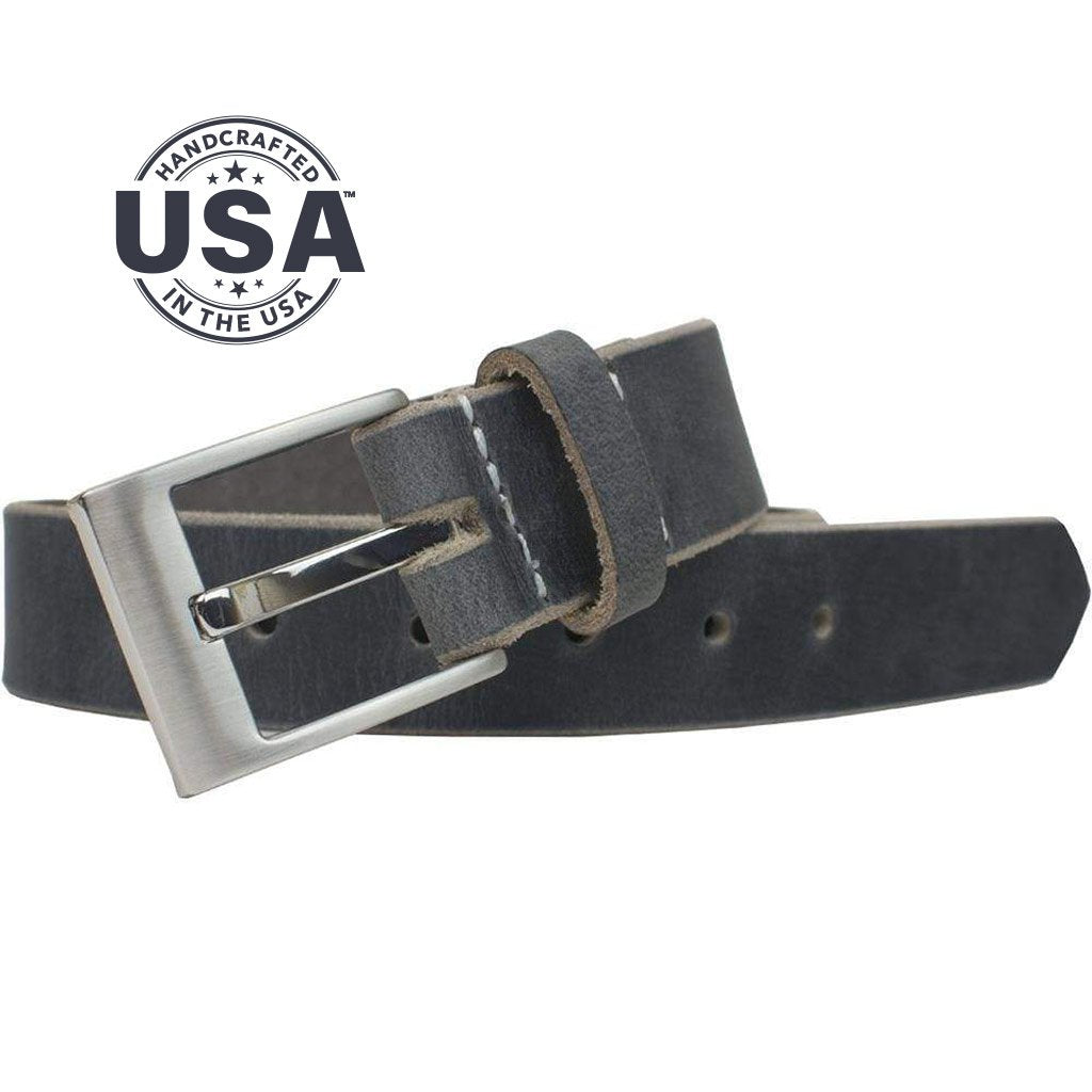 Square Wide Pin Distressed Leather Belt. Handcrafted in the USA. Distinctive gray leather strap