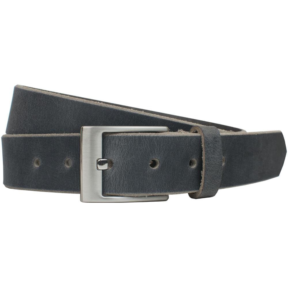 Square Wide Pin Distressed Leather Belt. Silver-tone square zinc alloy buckle, charcoal gray strap