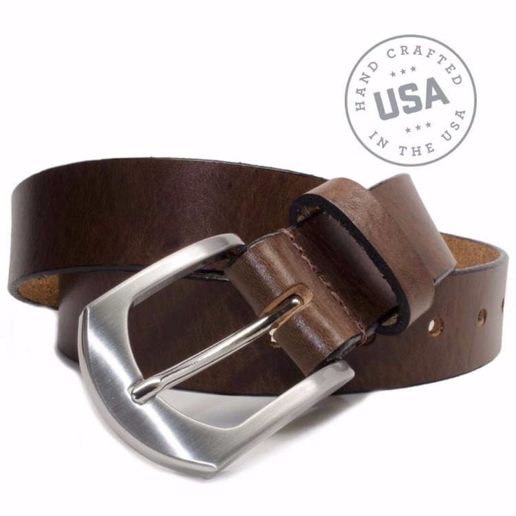 Stone Mountain Brown Belt. Handcrafted in the USA. Hypoallergenic buckle stitched on to strap.