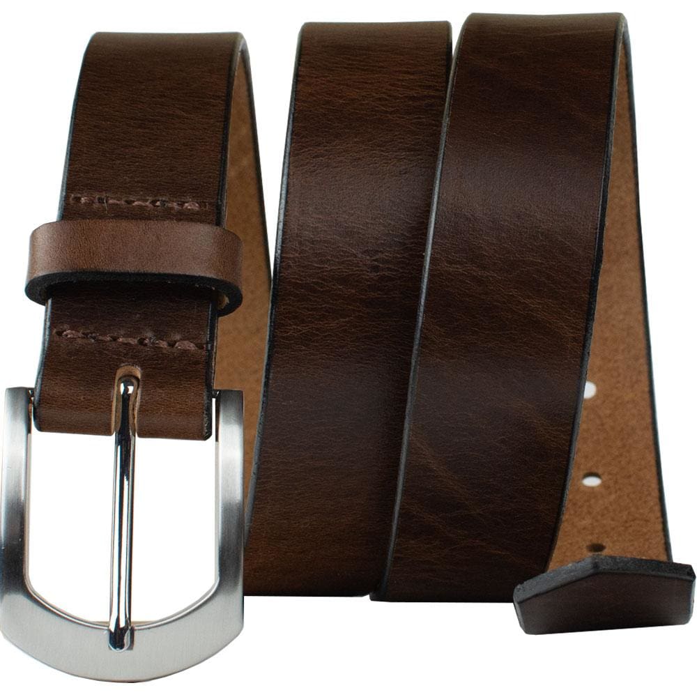 Stone Mountain Brown Belt by Nickel Smart. Zinc alloy buckle, curved end, single pin, brushed finish