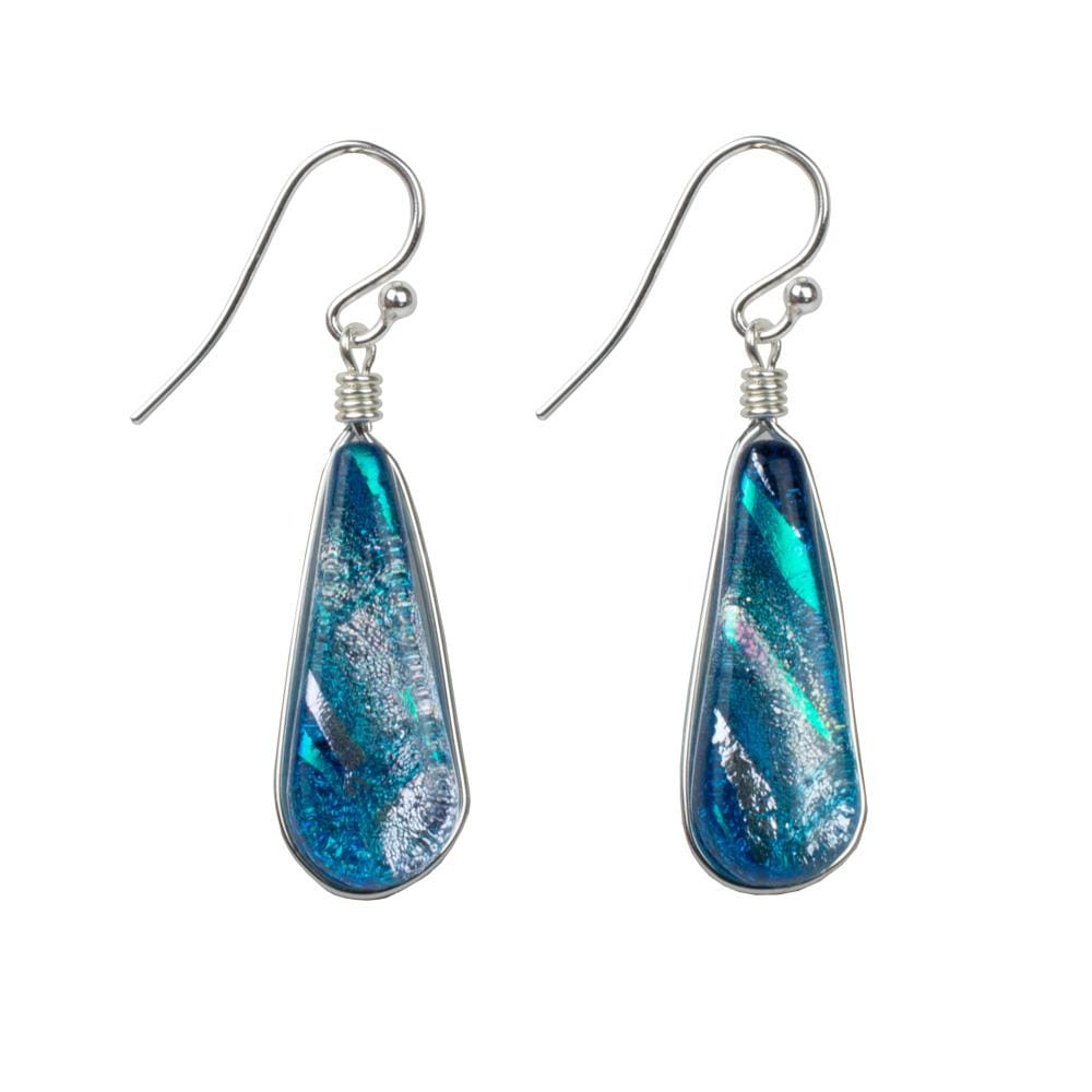 Sea Blue Dichroic Glass with silver French Hook earrings. | Hypoallergenic 1 inch drop earring