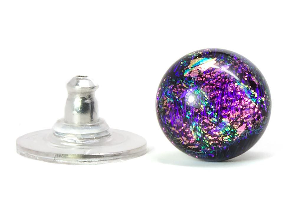 4-6 millimeter glass dots. mixed colors of purple, pink and teal. silver post with ear guard. 