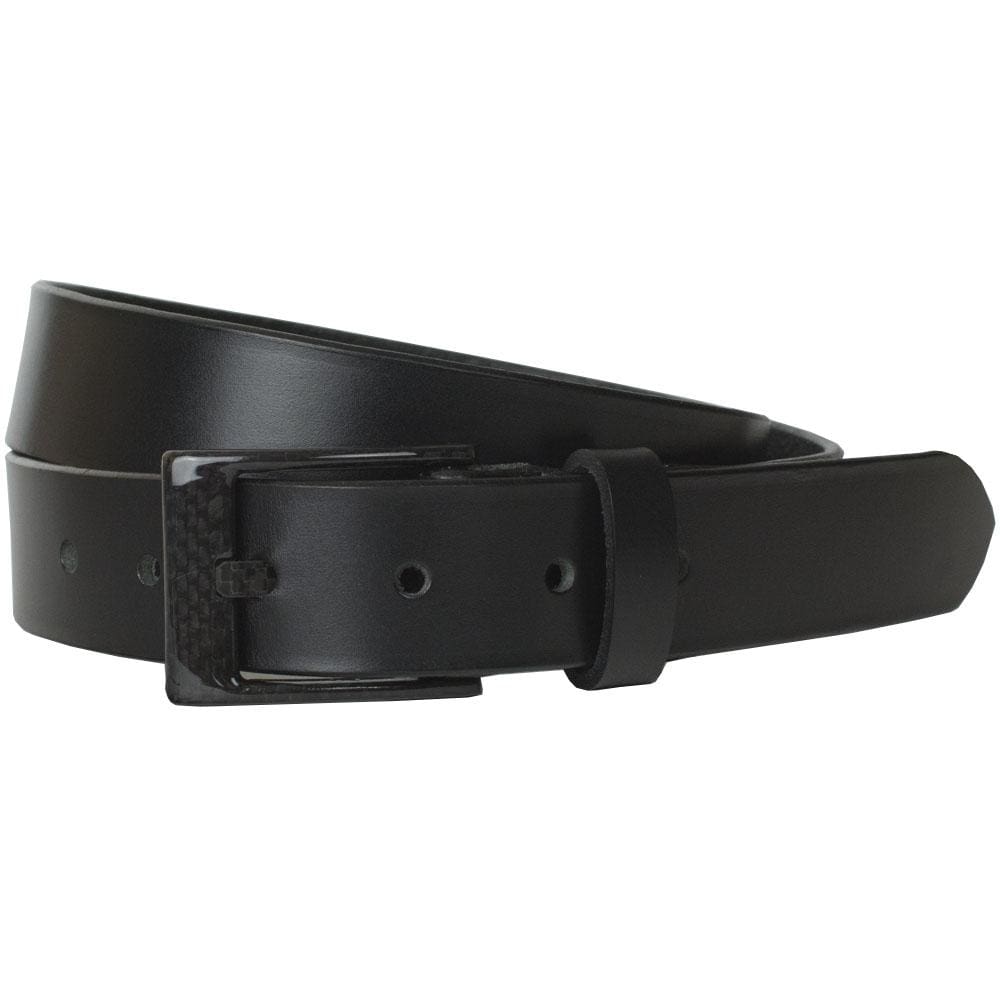 The Classified Black Leather Belt By Nickel Smart, Carbon Fiber Buckle sewn to black leather strap