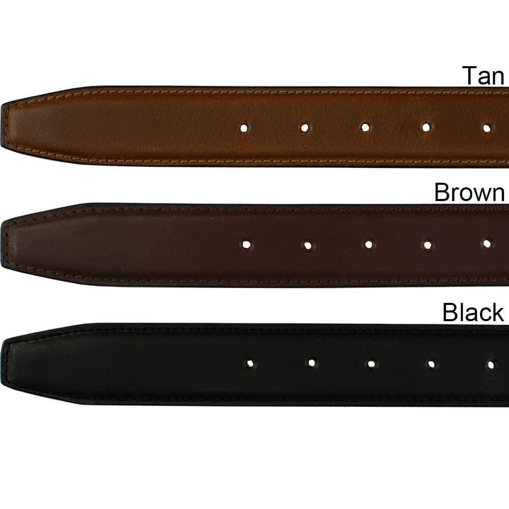 Uptown Belt color swatch. Tan, Brown, and Black options. Tapered belt end and single stitch