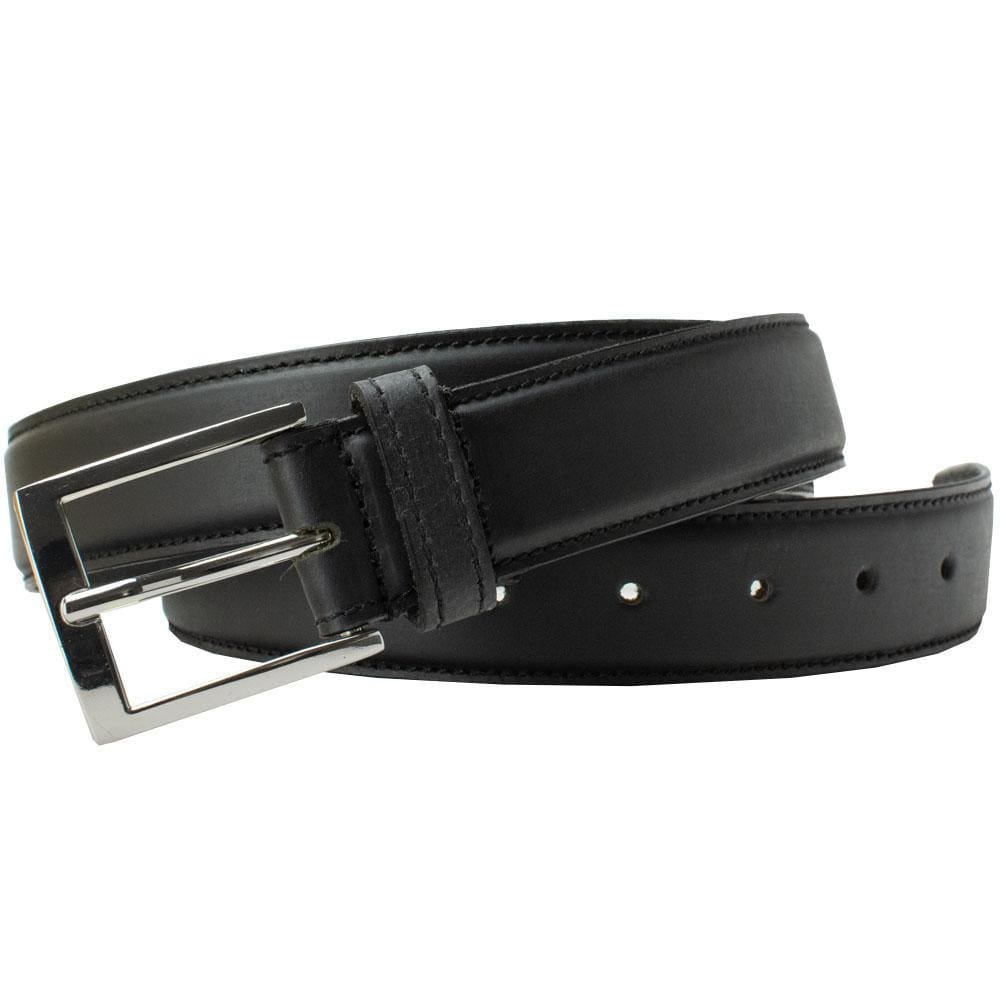 Uptown Black Belt. Shiny silvery buckle stitched to black leather belt with slightly raised center