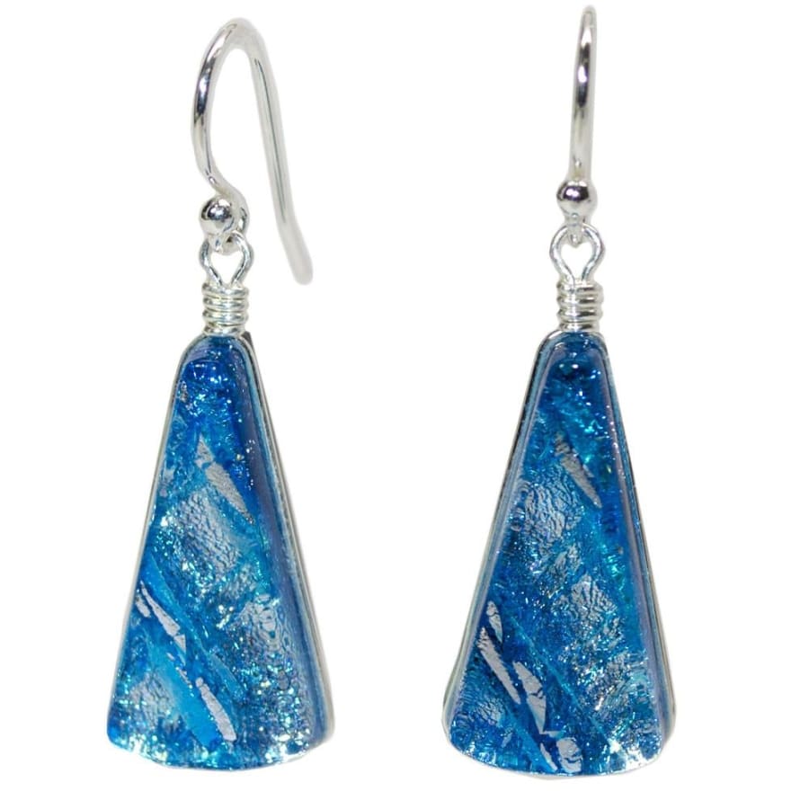 Sea Blue dichroic glass earrings in fan shape.  Silver French hooks. 1.5 inch drop earrings. 