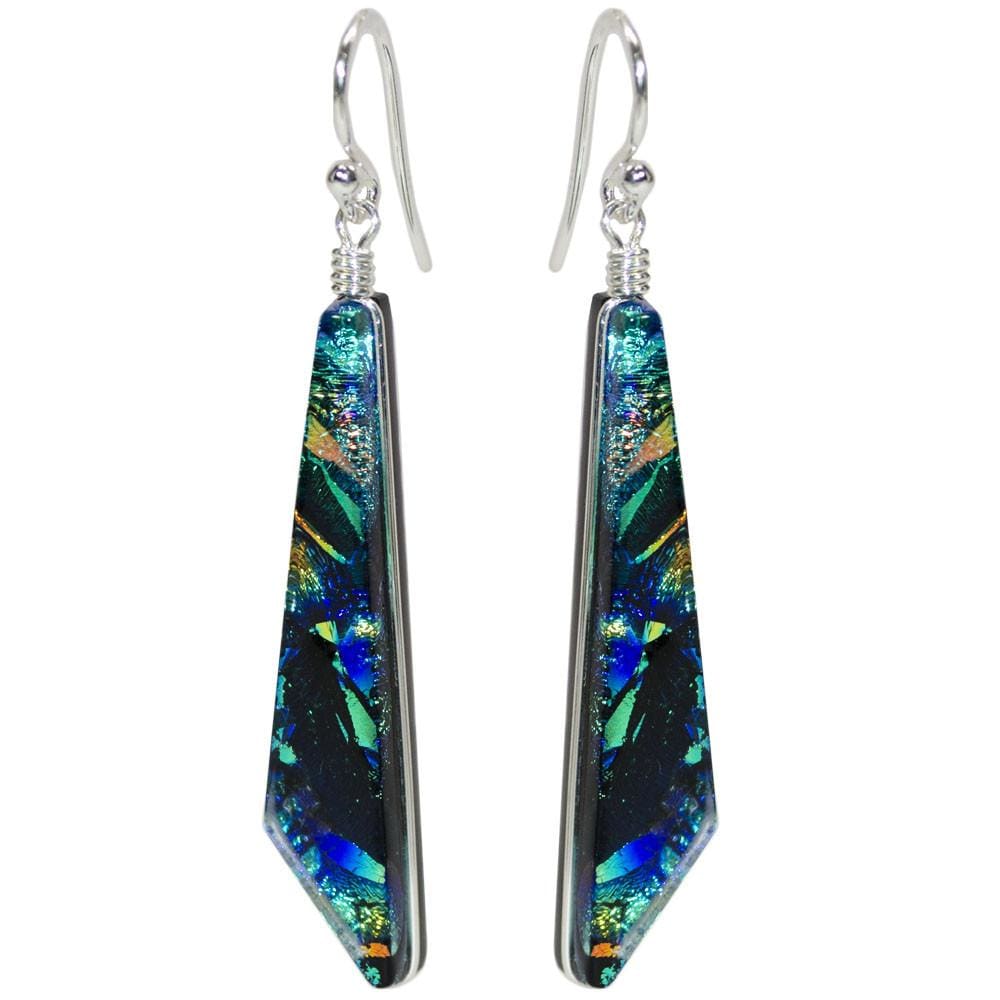 Silver French Hooks with scalene triangle shape green mixed dichroic glass. 1.75 inch drop earrings