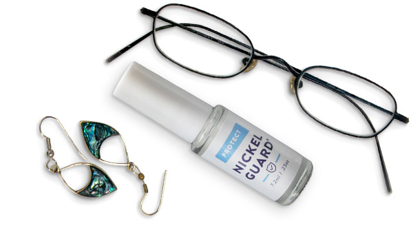 Image of Nickel Guard Clinically Proven Barrier protection from nickel and other metals. Seen with earrings and eye glasses.