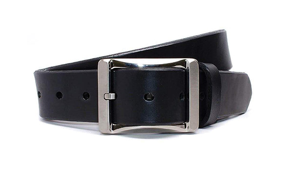 Image of Black Titanium Work Belt. Black full grain leather with titanium square center bar buckle