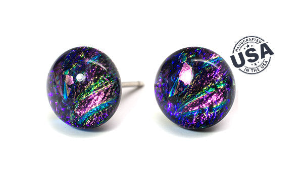 Image of Purple Dichroic Glass Post Earrings. Made in North Carolina.