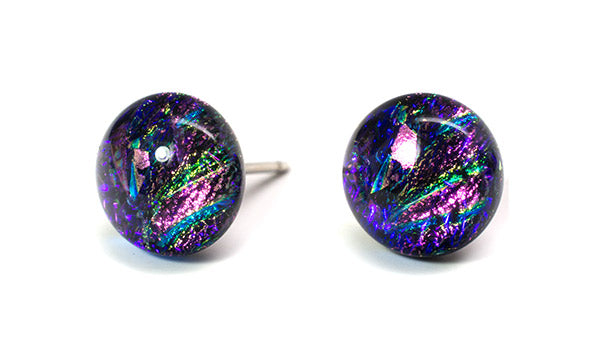 Image of Comic Post Earrings - Purple, Dichroic Glass Earrings. nickel free.