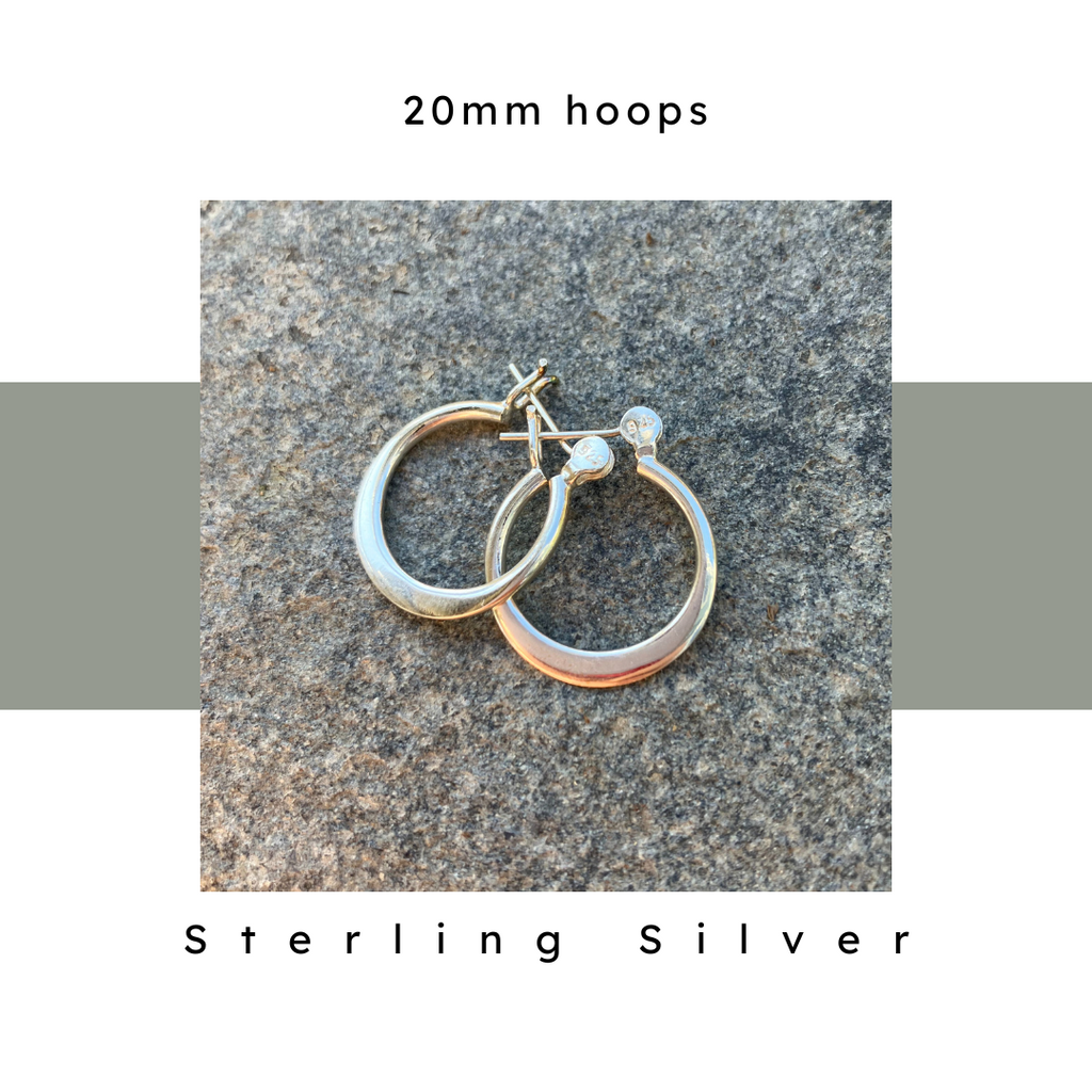 20 mm sterling silver hoop earrings with traditional back closure. Nickel Free, hypoallergenic