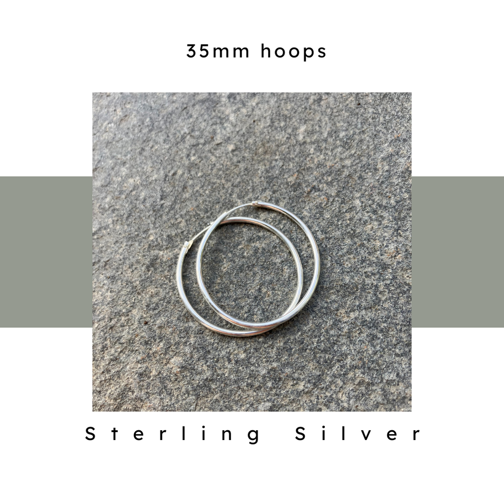 35 mm sterling silver hoop earrings with endless loop closure. Nickel Free and hypoallergenic