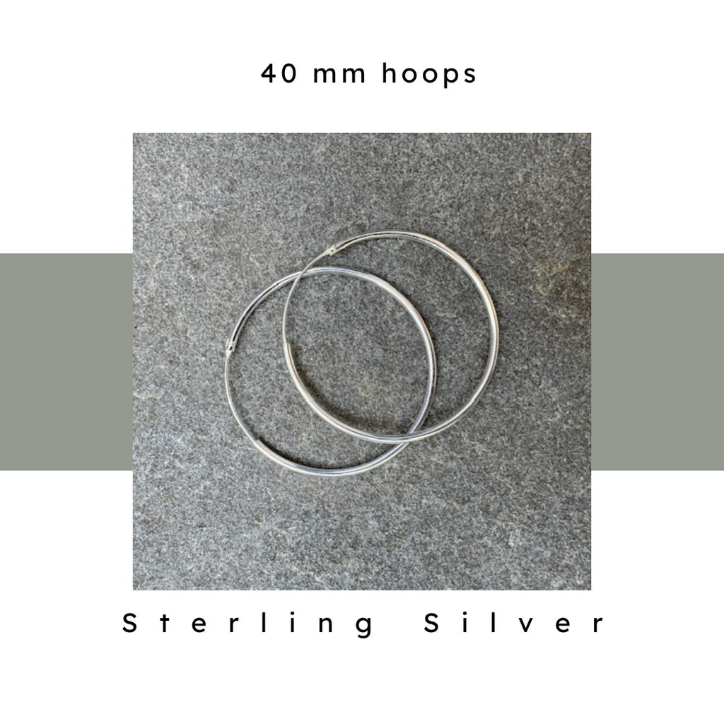 40 mm Sterling Silver Hoop Earrings with endless loop closure. nickel free and hypoallergenic