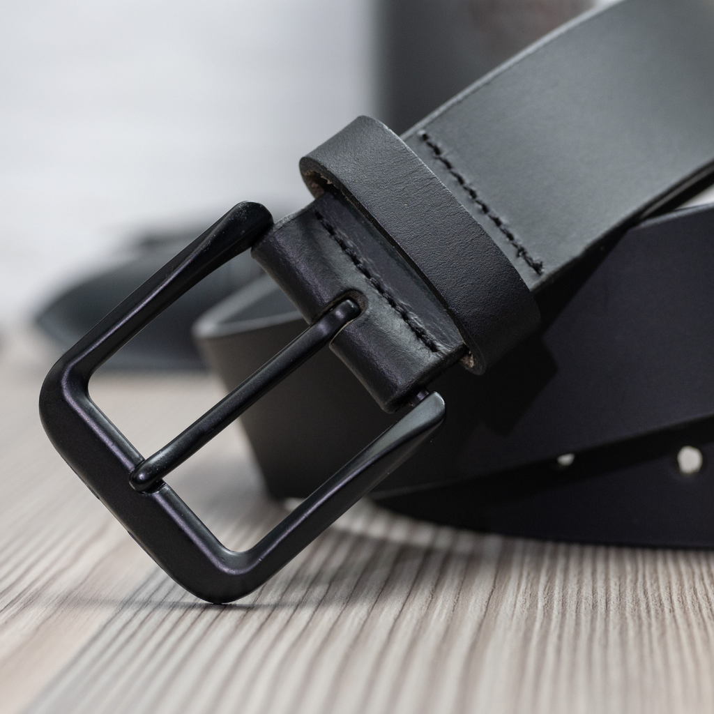 Black Mountain Belt - black buckle sewn to solid piece of black leather