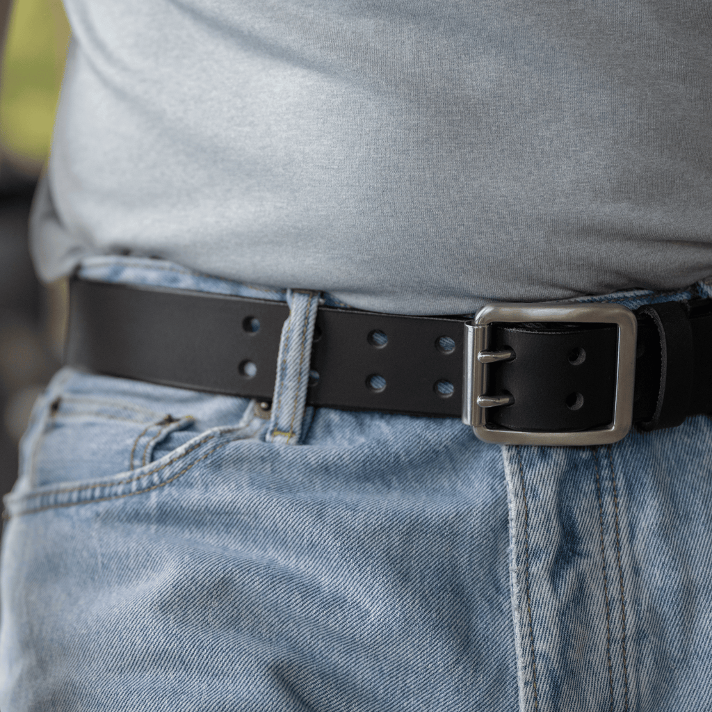 Ridgeline Trail Belt (black) on model. Great casual jeans belt; strap is 1½ inches wide (38 mm).