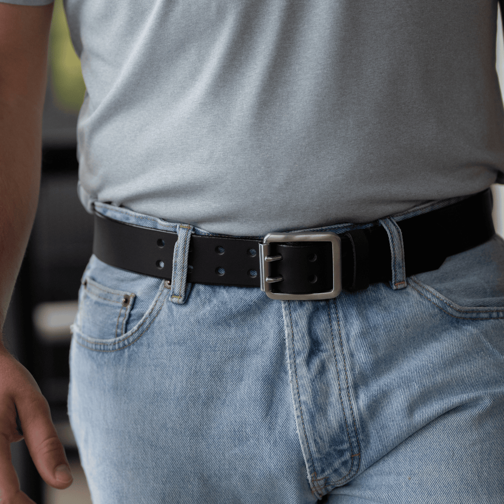 Ridgeline Trail Belt (black) on model. Great casual jeans belt; strap is 1½ inches wide (38 mm).