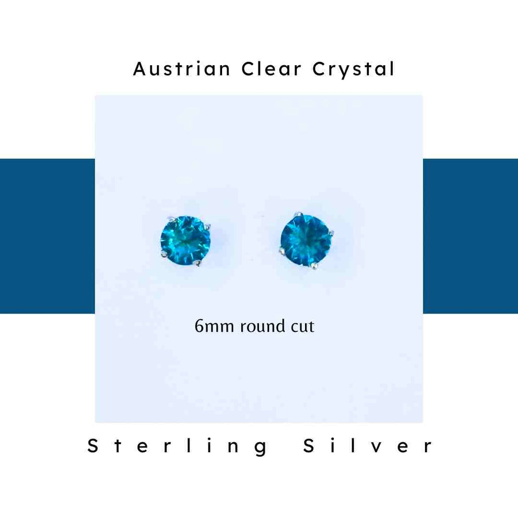 Austrian Clear Crystal, Sterling Silver. 6mm round cut. Bright blue crystals.