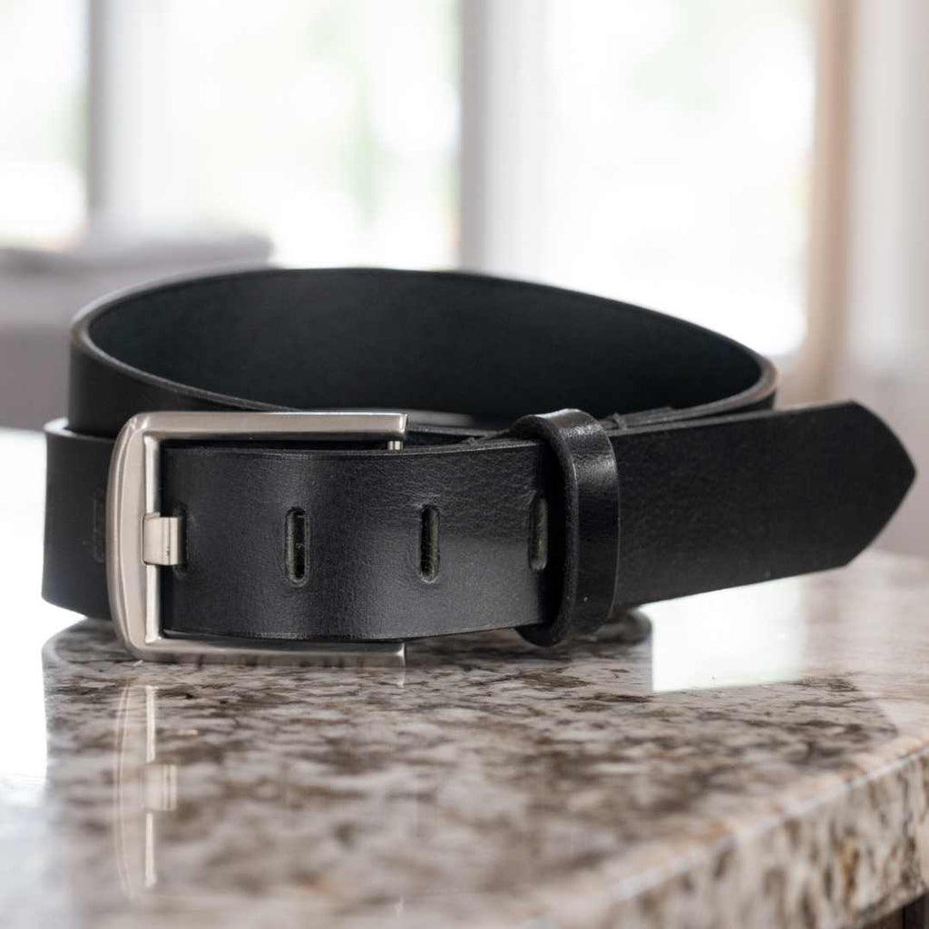 1.5 inch black leather strap with Nickel Free buckle with wide pin and matching wide pin holes