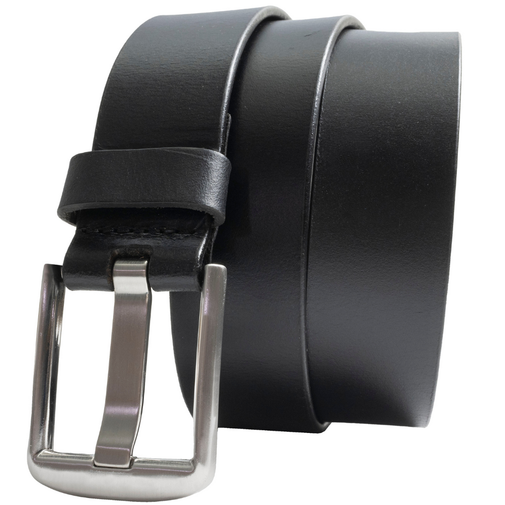 Black leather belt with silver nickel free buckle. Rectangular buckle with wide pin