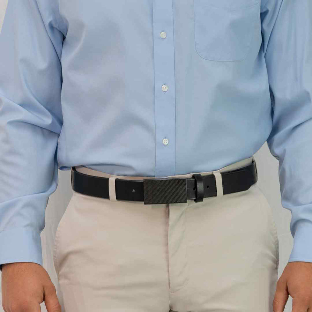 CF 2.0 Black Belt on model in khakis. Strap is 1⅜ inches wide; great for dressy style. Made in USA.