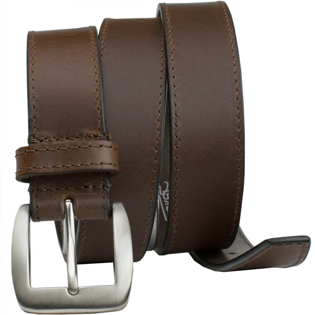 Casual Brown Belt II. Single stitching on the edges of a solid strap of brown full grain leather.