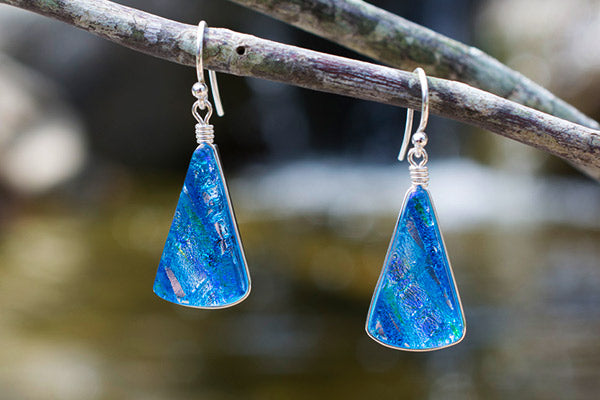 Window Waterfalls Earrings - Sea Blue Dichroic Glass on silver French hook. Dangle earring