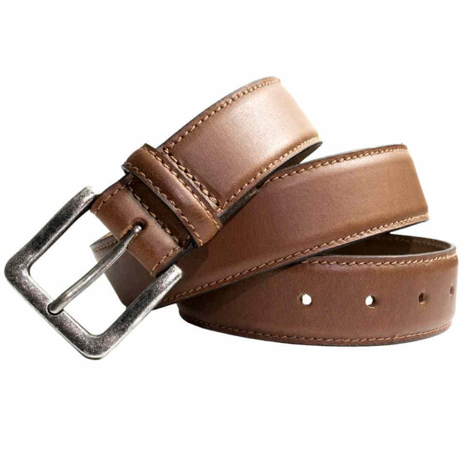 mens tan leather dress belt Matteo 35mm Feather Edge 1/8(30mm) wide belt stitched edge with matching leather keeper 5 belt holes for plenty of room for adjustments T.B. Phleps Torrence Cognac Deerskin