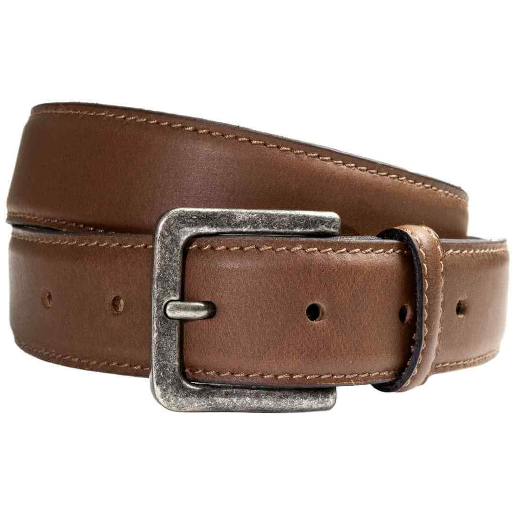Explorer Tan Belt by Nickel Zero. Rich tan leather strap with domed center; single stitched edges.