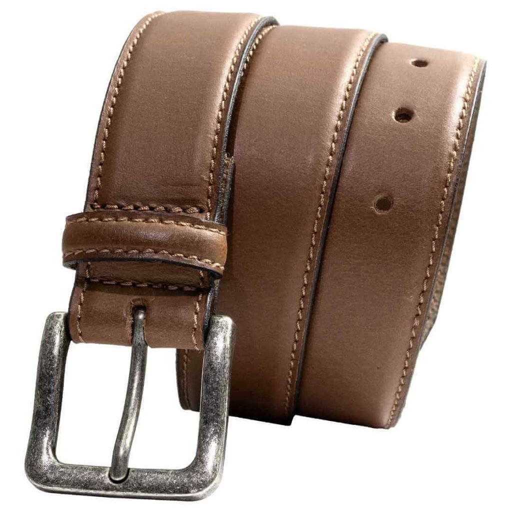 Explorer Tan Leather Belt. Burnished black edges on a tan full grain leather strap, raised center