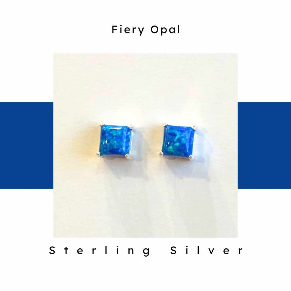 Man made blue fiery opal with sterling silver post. Hypoallergenic. Nickel Free princess cut stone. 