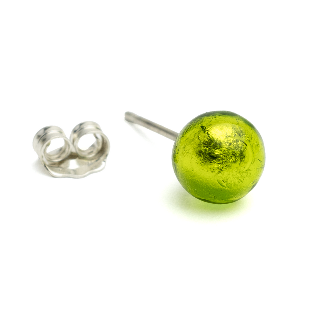 Closeup of one light green ball post earring with a traditional back made from sterling silver