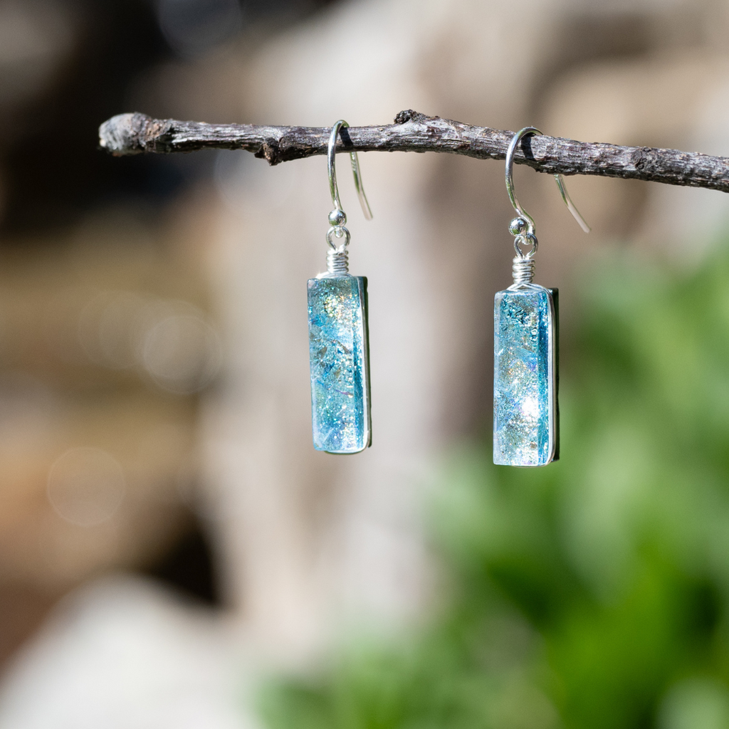Silver dichroic glass earrings with sterling silver French hooks