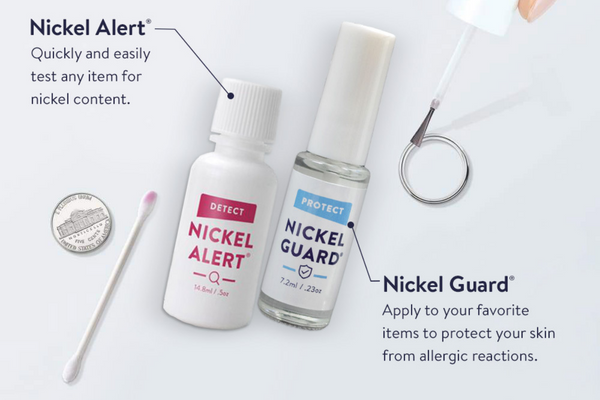 Graphic of Nickel Solution which contains Nickel Alert and Nickel Guard.  Nickel Alert tests for nickel. Nickel Guard protects you from contact with nickel.