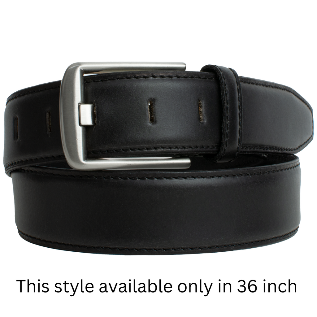 Image of old black wide pin belt with dome center and side stitching. Only in 36 inch size