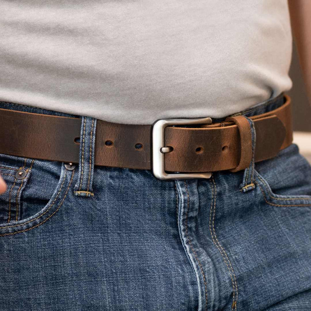 Square nickel free buckle with distressed brown leather. Nickel Free Buckle. 1.5 inch wide. USA made