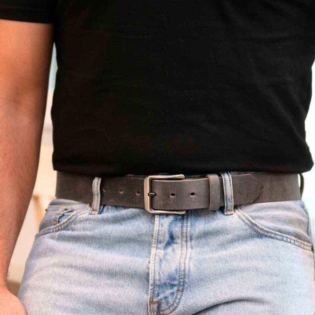 Gray Full Grain Leather Belt. 1.5 inch leather strap with nickel free buckle. Gun metal gray buckle.