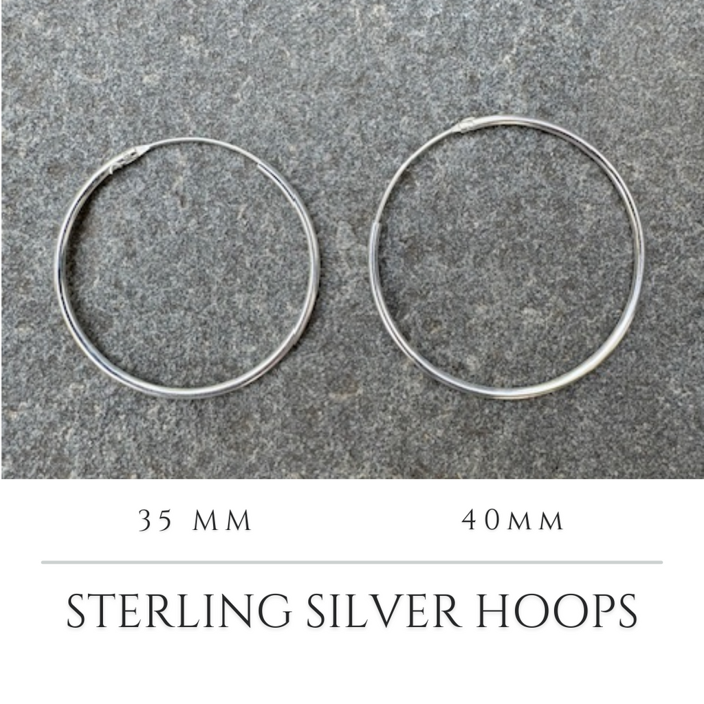 Image of 35 mm and 40 mm Sterling Silver Hoop Earrings next to each other to show size comparison.