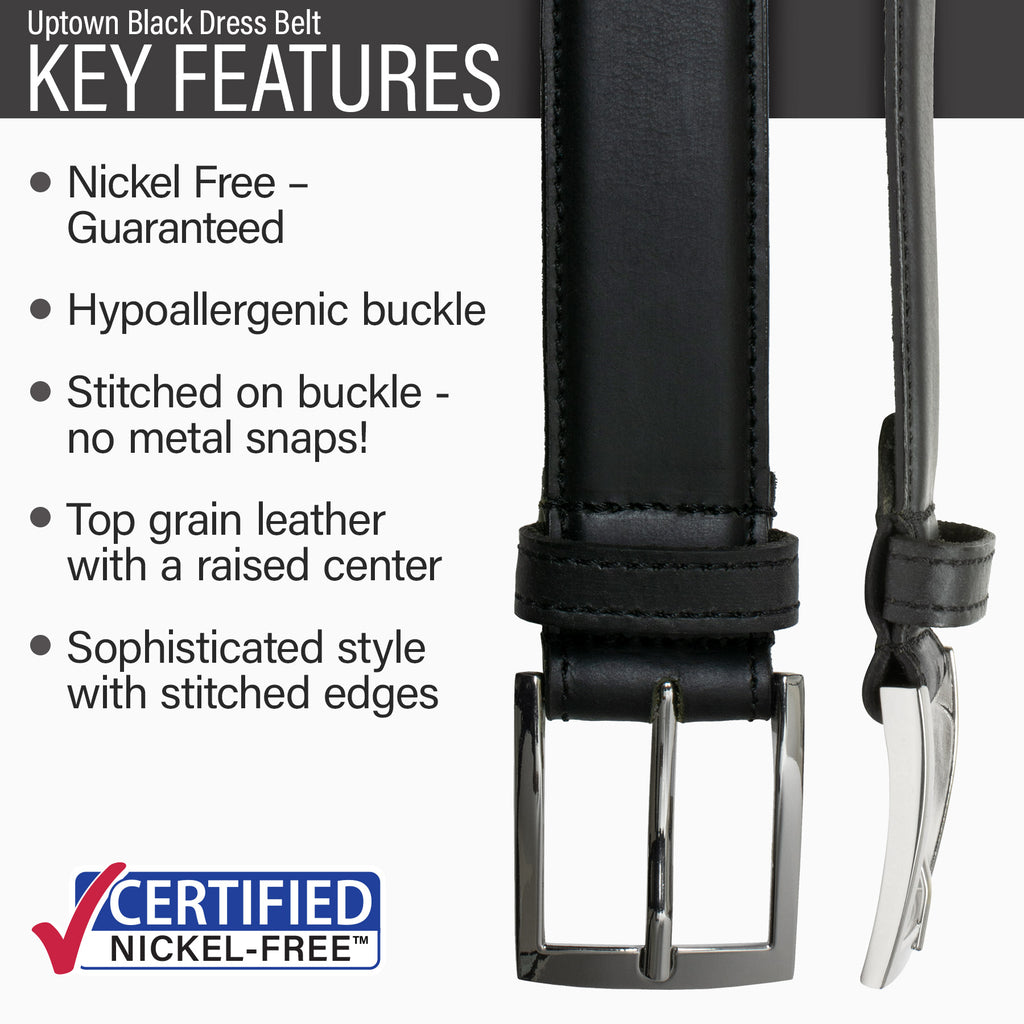 Nickel-free buckle stitched on, one piece of top grain leather, sleek and classy, comfortable strap