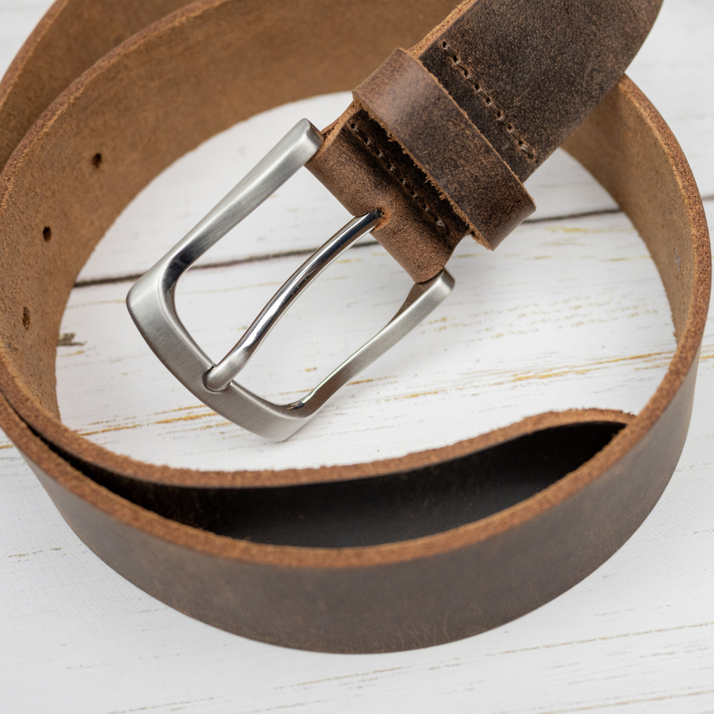 Distressed Brown Leather Belt, low profile nickel free buckle, 1.5 inch wide strap, curved buckle