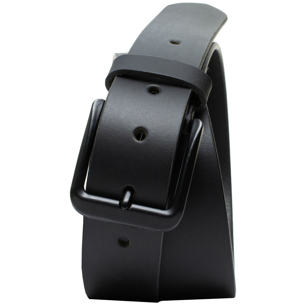 Image of black rectangular buckle with black full grain leather strap. Black buckle is nickel free